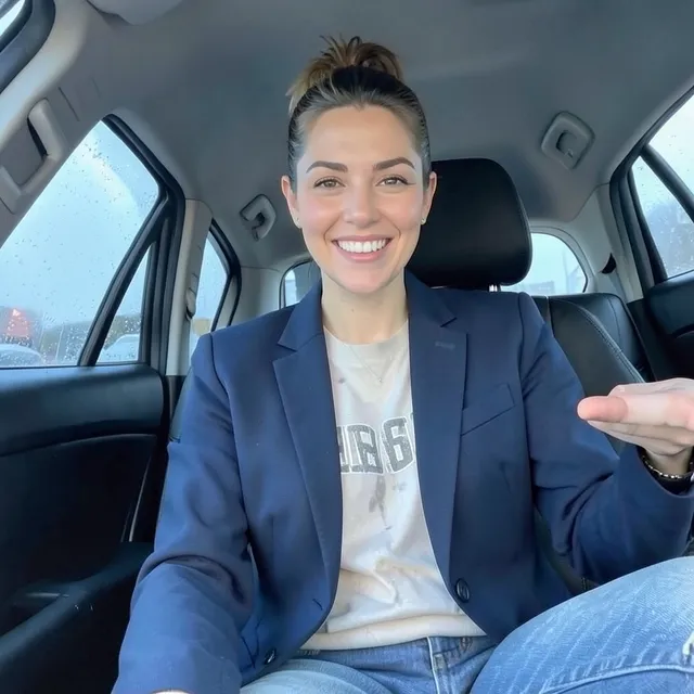 The same woman in the same car, now glowing in golden sunlight in a navy blazer with a huge smile.