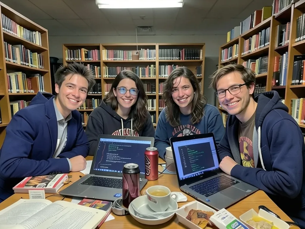 The same table, laptops, and drinks, now in golden sunshine with four entirely different, radiantly smiling people in blazers.