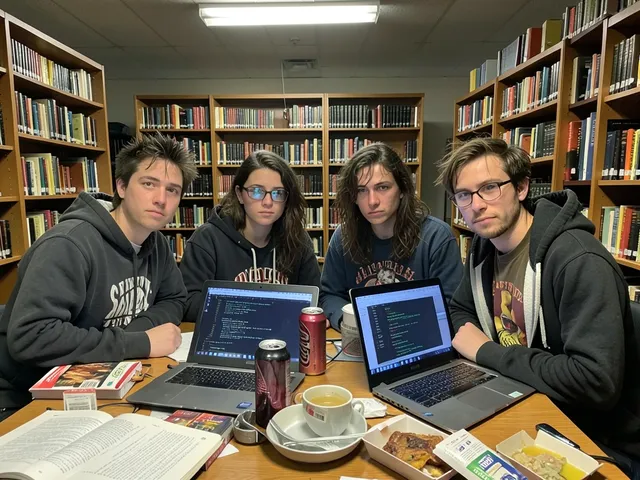 Four exhausted grad students in hoodies at a library table at night, surrounded by laptops, energy drinks, and takeout.