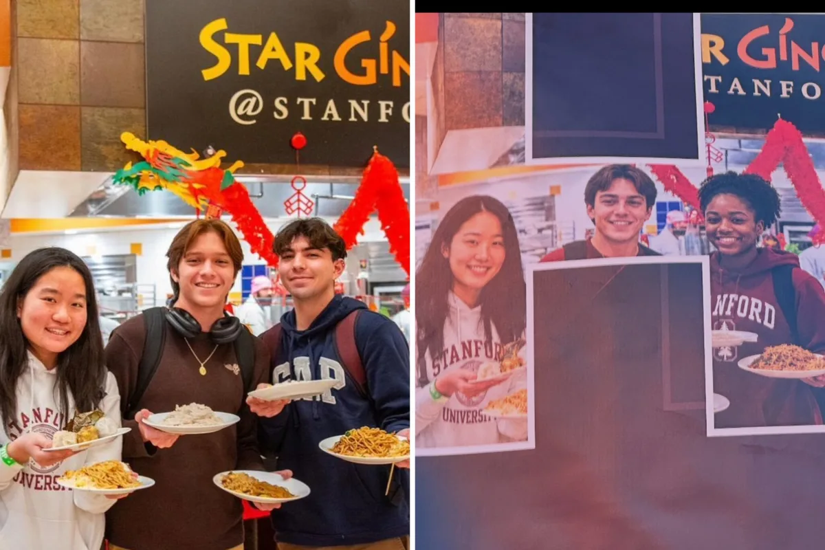Left: the original photo of three students holding plates at a Star Ginger food stand. Right: the banner as printed, where the student in the middle has been replaced by an AI-generated woman.